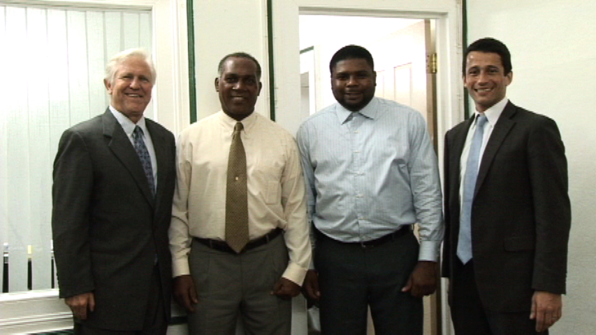(L-R) Global Director of the Clinton Foundation Climate Initiative Mr. Jan Hartke, Premier of Nevis Hon. Vance Amory, Programme Manager in the Clinton Climate Initiative Mr. David Alcaly and Junior Minister responsible for Natural Resources and the Environment on Nevis Hon. Troy Liburd at the Premier’s Bath Plain office on November 06, 2013